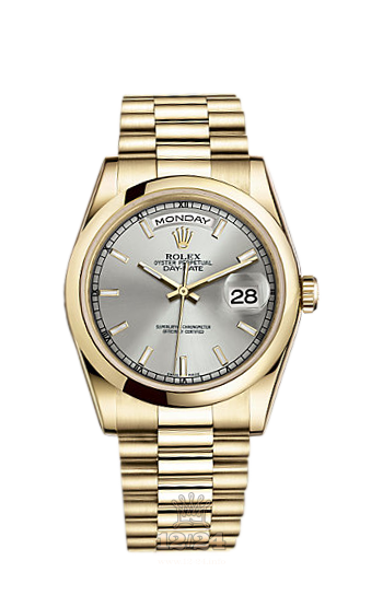 Rolex Day-Date Watch 118208-0066 36 mm Yellow gold Case Silver Dial