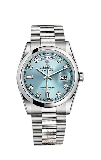 Rolex Day-Date Watch 118206-0036 36 mm Platinum Case Silver Blue Dial