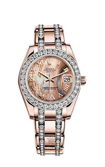 Rolex Pearlmaster Watch 81285-0004 34 mm Pink gold Case Silver Golden Dial