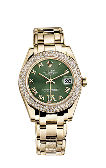 Rolex Pearlmaster Watch 81338-0129 34 mm Yellow gold Case Green Dial