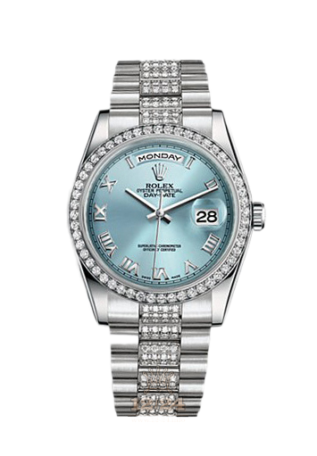 Rolex Day-Date Watch 118346-0044 36 mm Platinum Case Silver Blue Dial