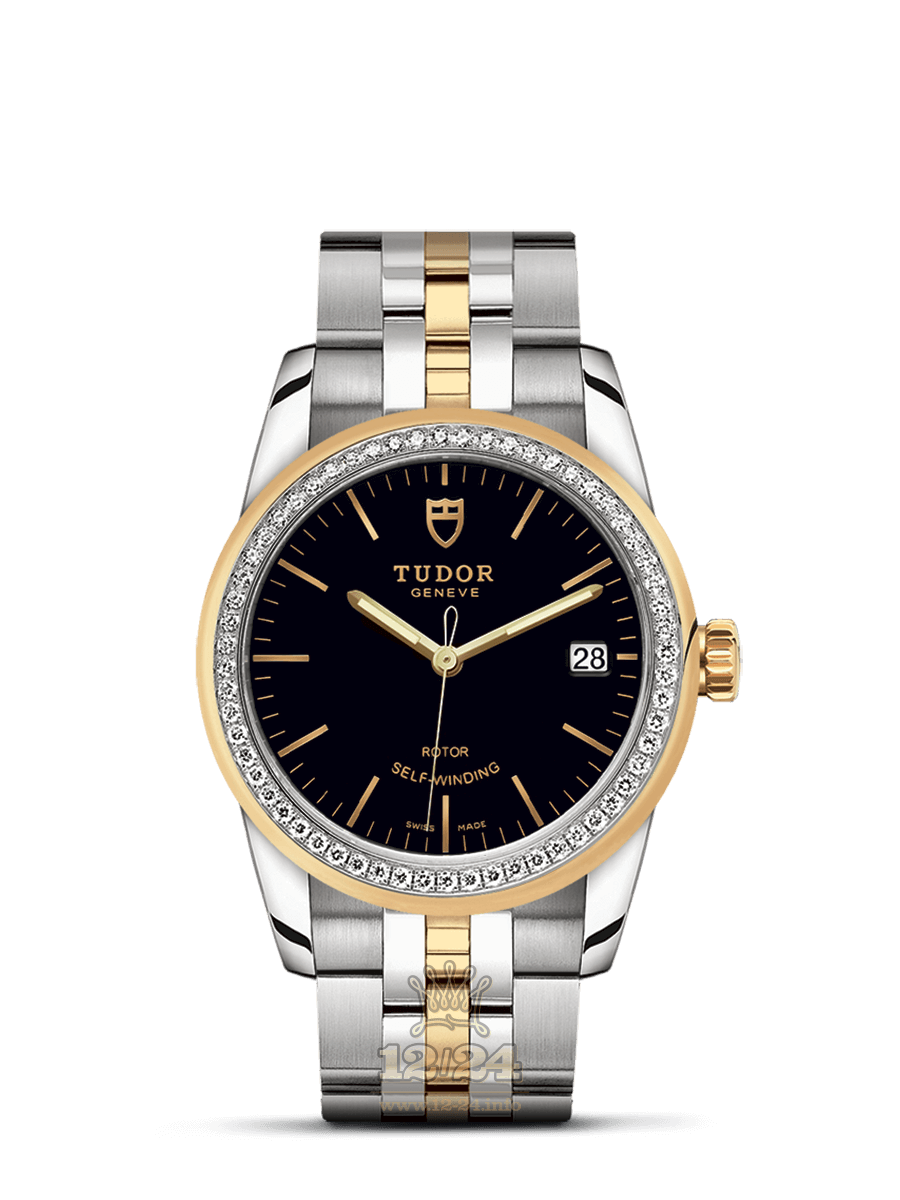 Tudor Glamour Watch M55023-0021 36 mm Stainless steel Yellow gold Case Black Dial