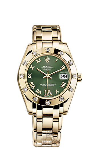 Rolex Pearlmaster Watch 81318-0038 34 mm Yellow gold Case Green Dial