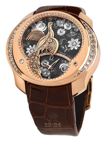 Franc Vila Regards to Ladies Watch ENGRAVINGPEACOCK-V03 Pink gold Case Black Golden Painted Dial